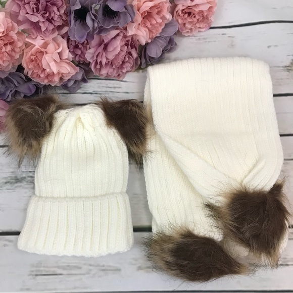 Baby/Toddler White Knit Beanie and Scarf Set with Pom Poms - Picture 14 of 16